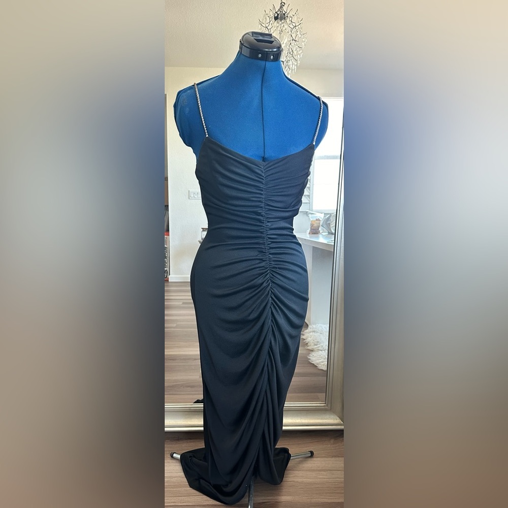 Vintage 70s Climax by David Howard Black Ruched Maxi Dress Rhinestone Straps 5/6